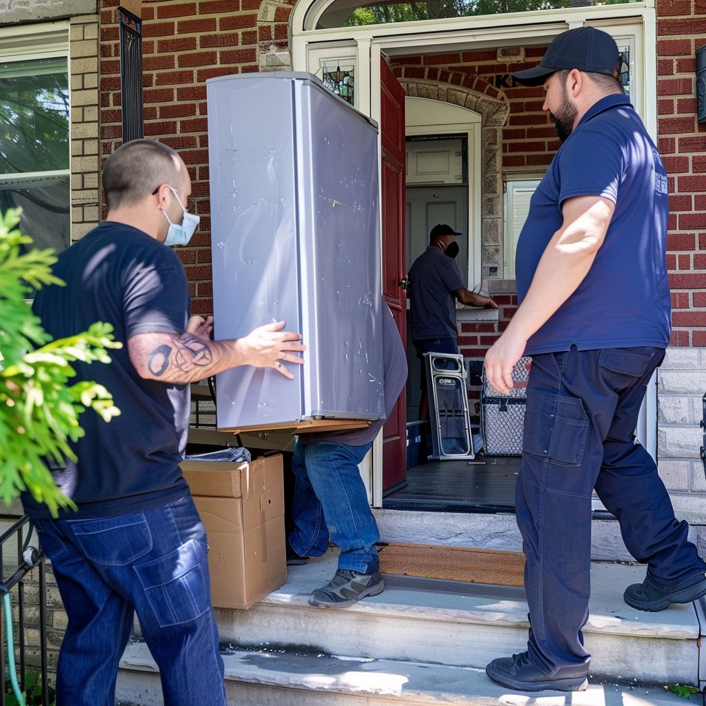 Delivery workers moving a new refrigerator into house