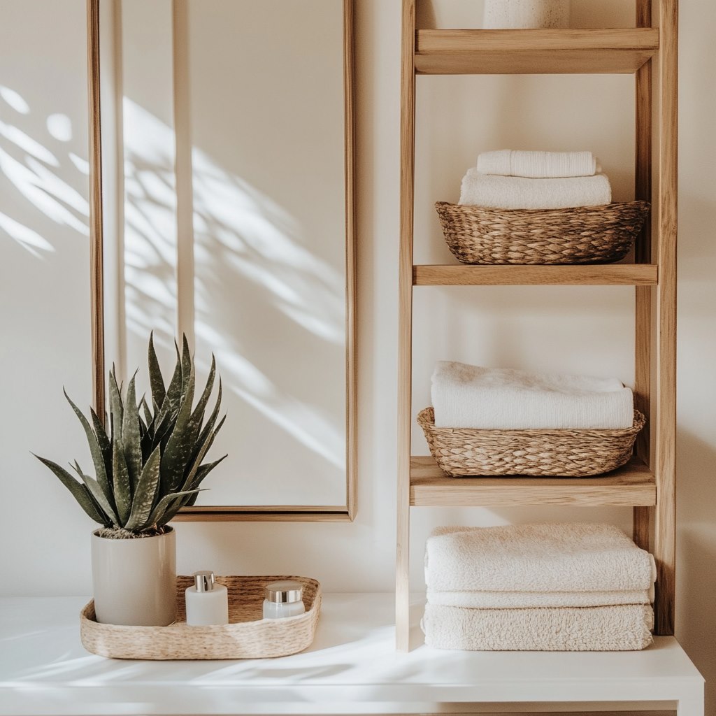 Minimalist bathroom with towels, plants, and wooden shelves