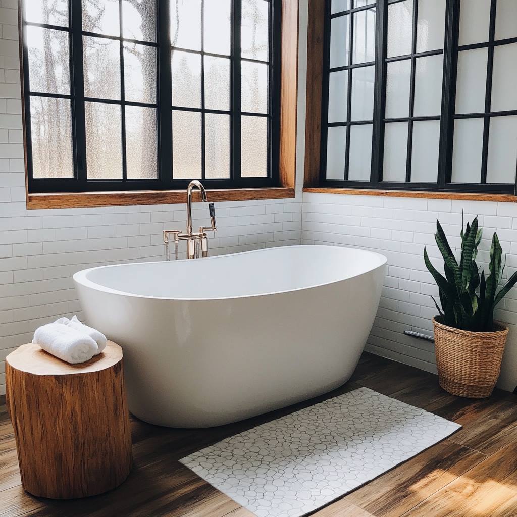 Modern bathroom with freestanding tub and large windows