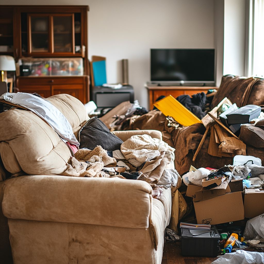 Cluttered living room with scattered belongings and furniture