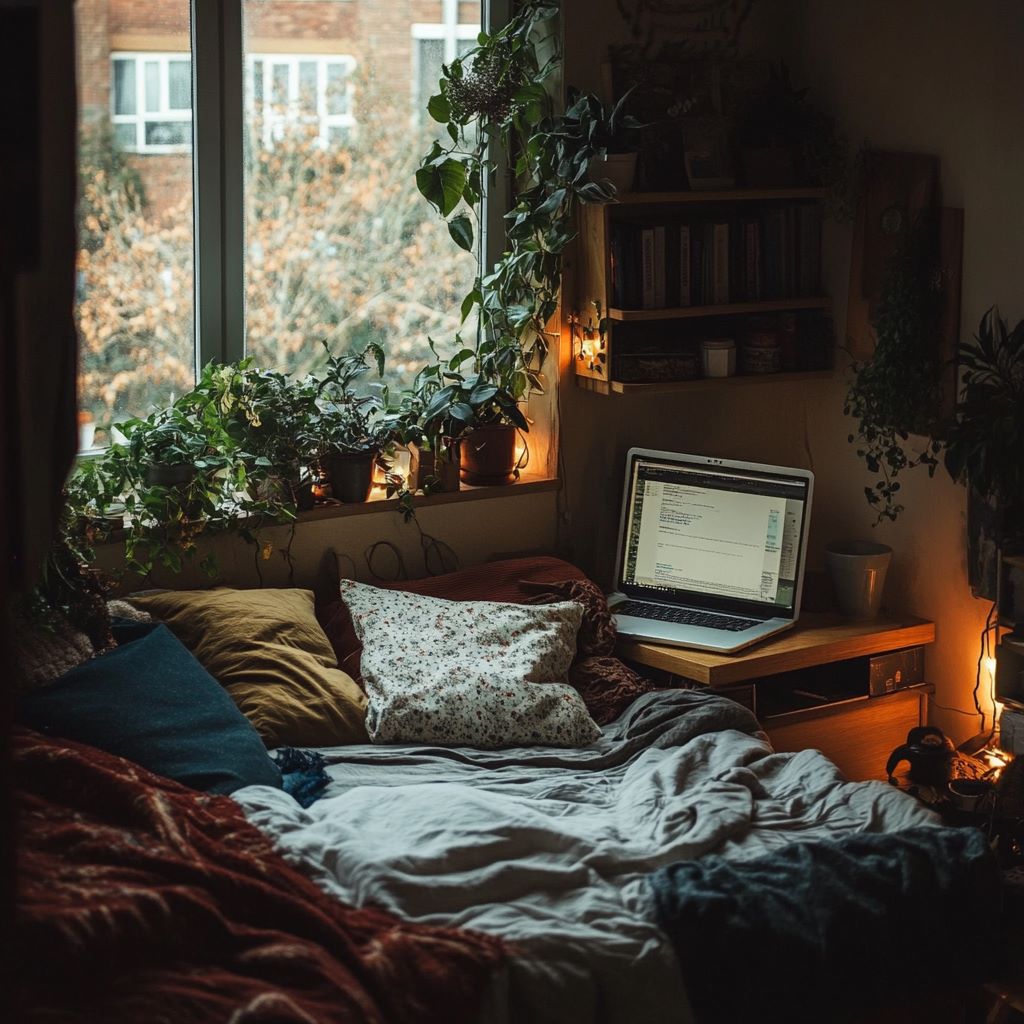 Cozy bedroom with laptop, plants, and lit candles