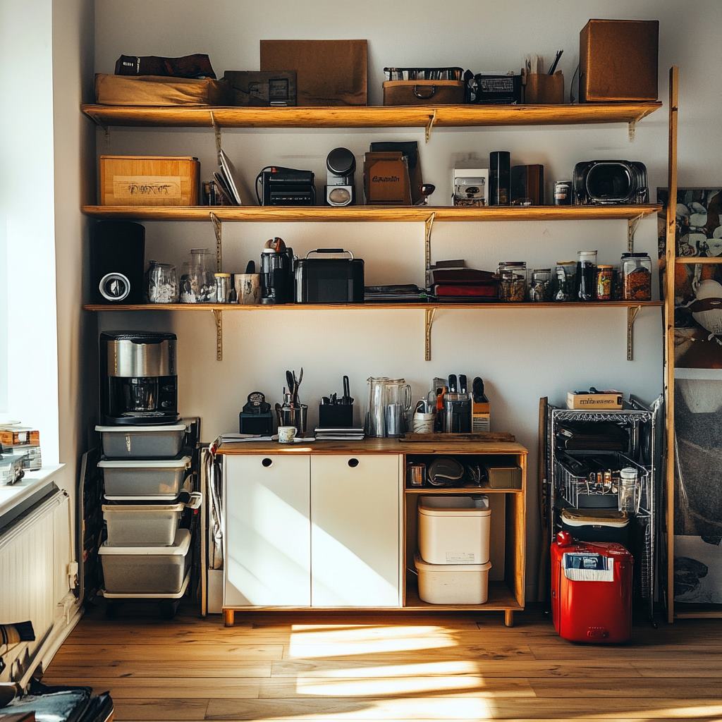 Sunlit kitchen corner with organized shelves and appliances