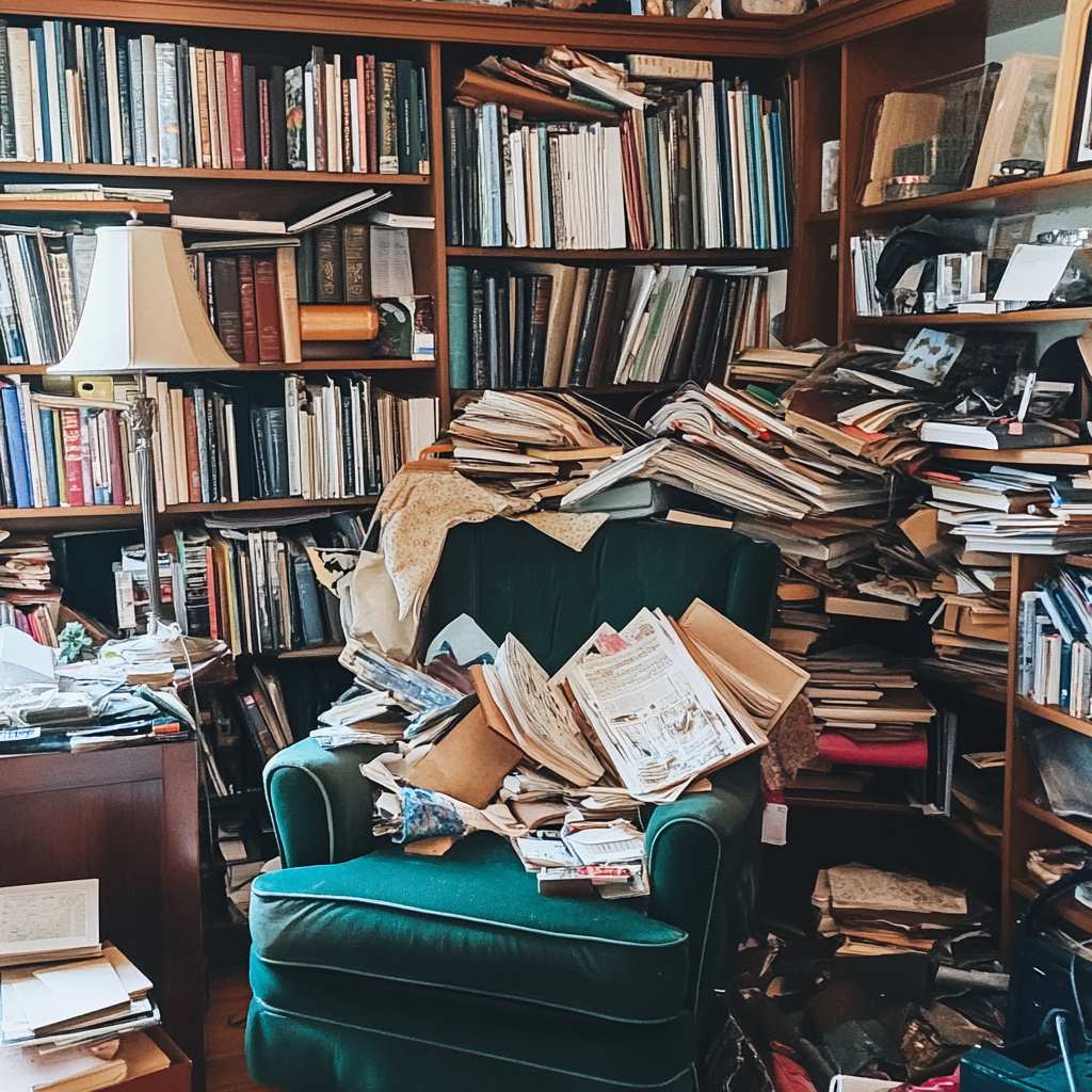 Cluttered study room with books and papers everywhere