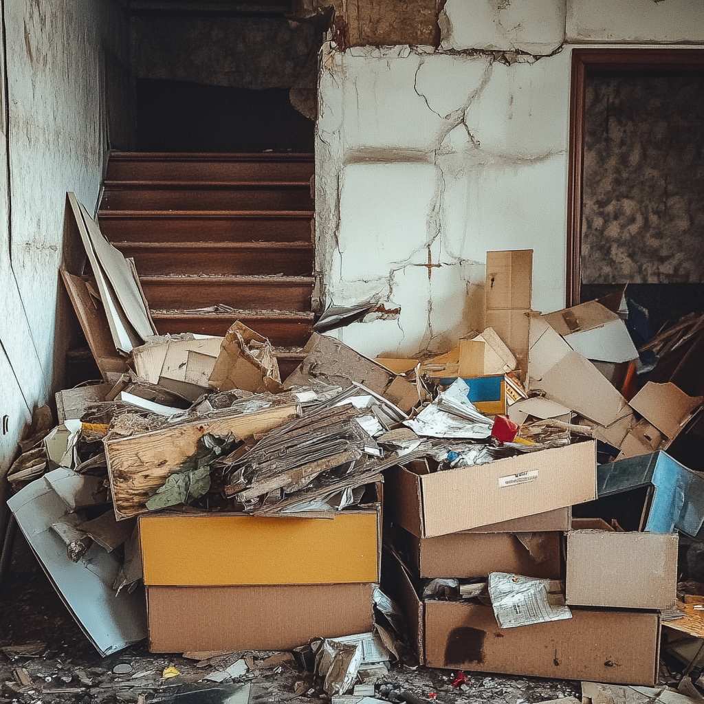 Cluttered room with debris, boxes, and damaged staircase.