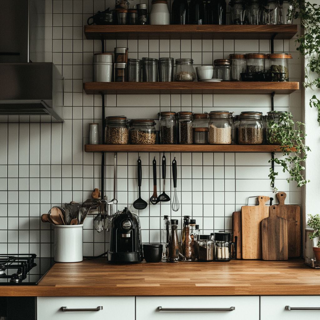 Modern kitchen with shelved jars and cooking utensils