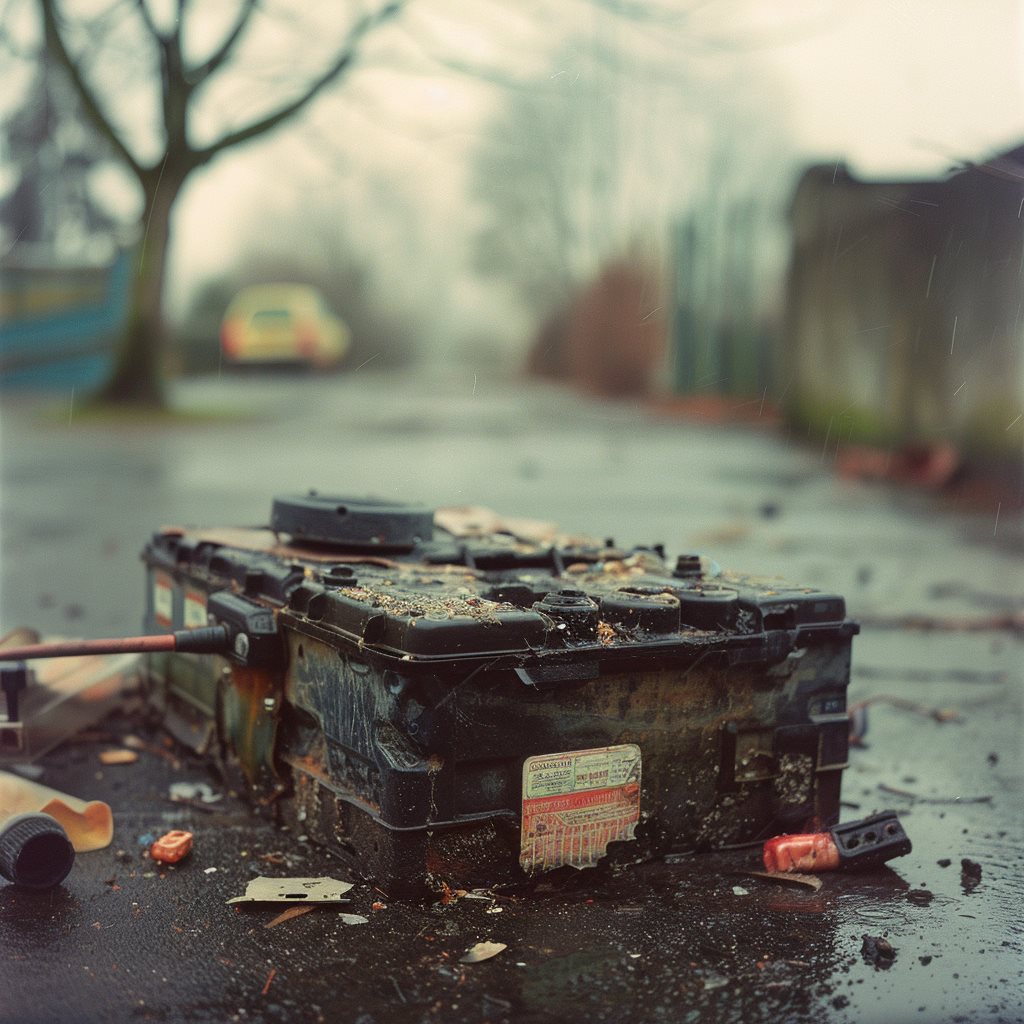 Rain-drenched discarded batteries on wet asphalt