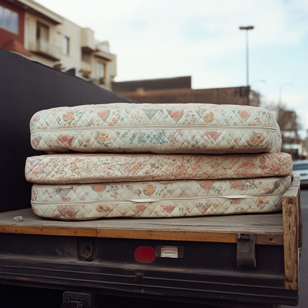 Stacked mattresses on flatbed truck in urban setting.