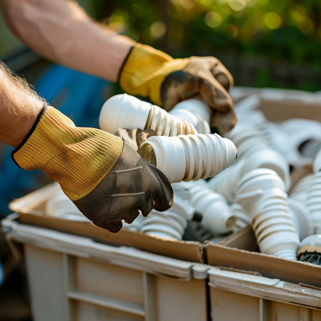 Person sorting energy-efficient light bulbs outdoors