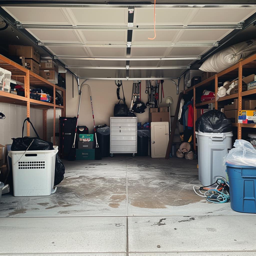 Cluttered residential garage interior with various stored items