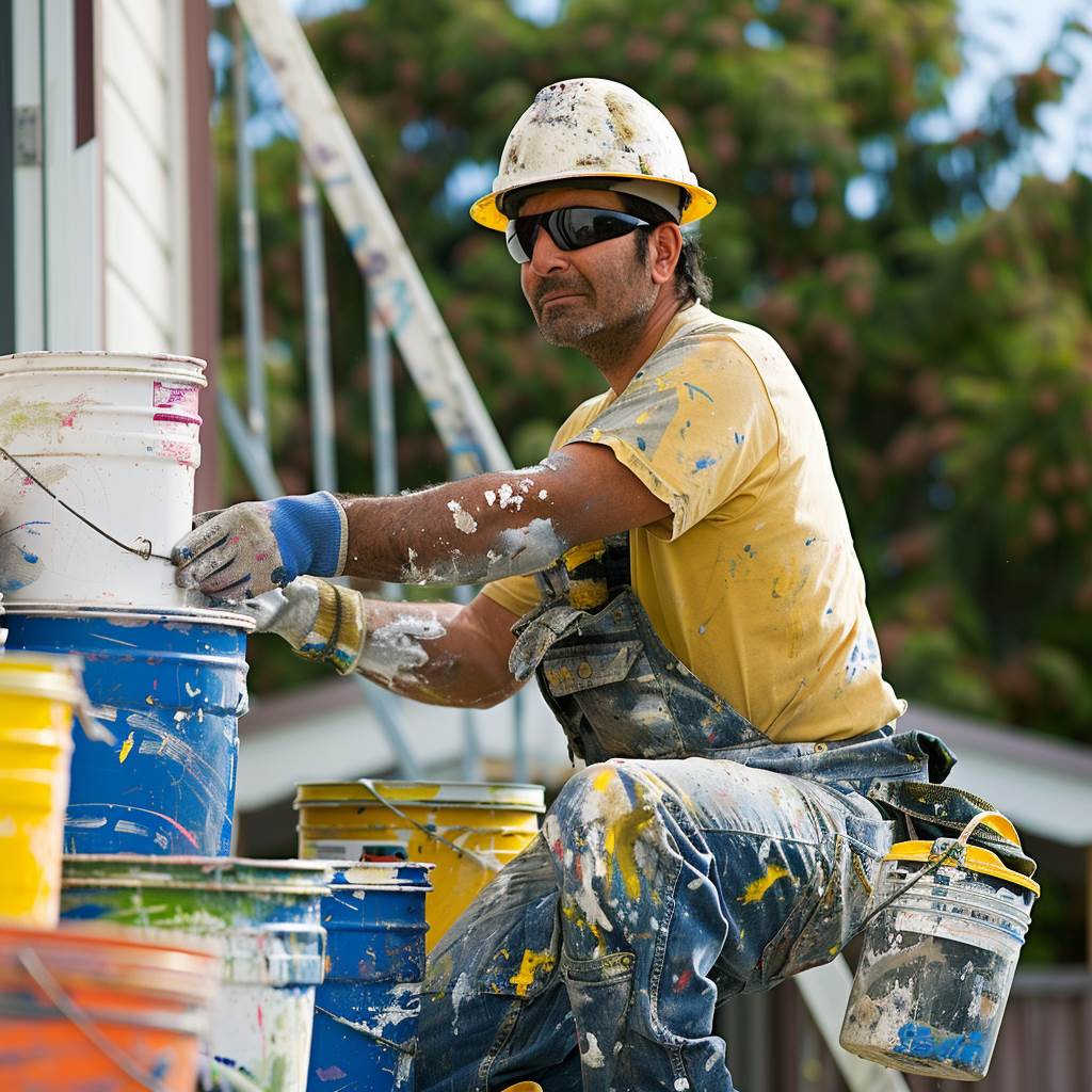 Painter in splattered clothes arranging paint buckets