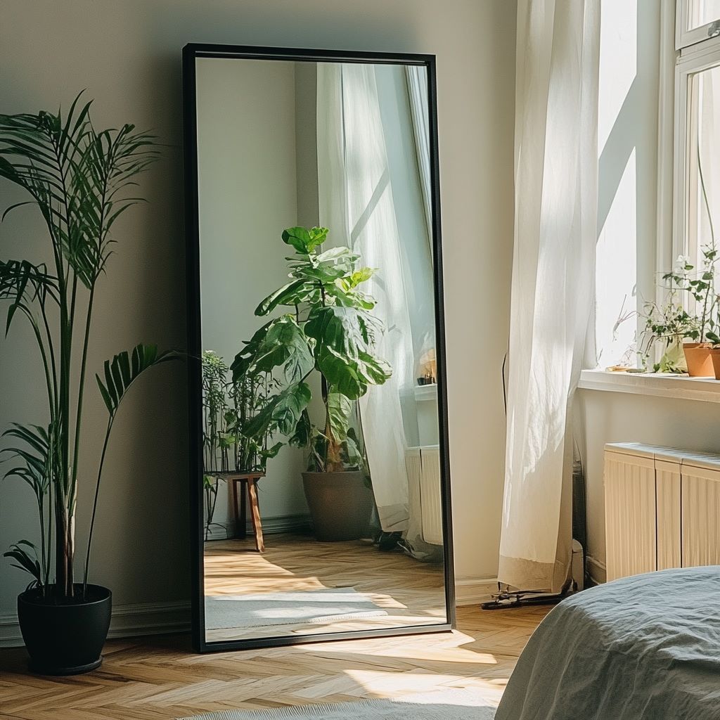 Sunlit bedroom with large mirror reflecting indoor plants