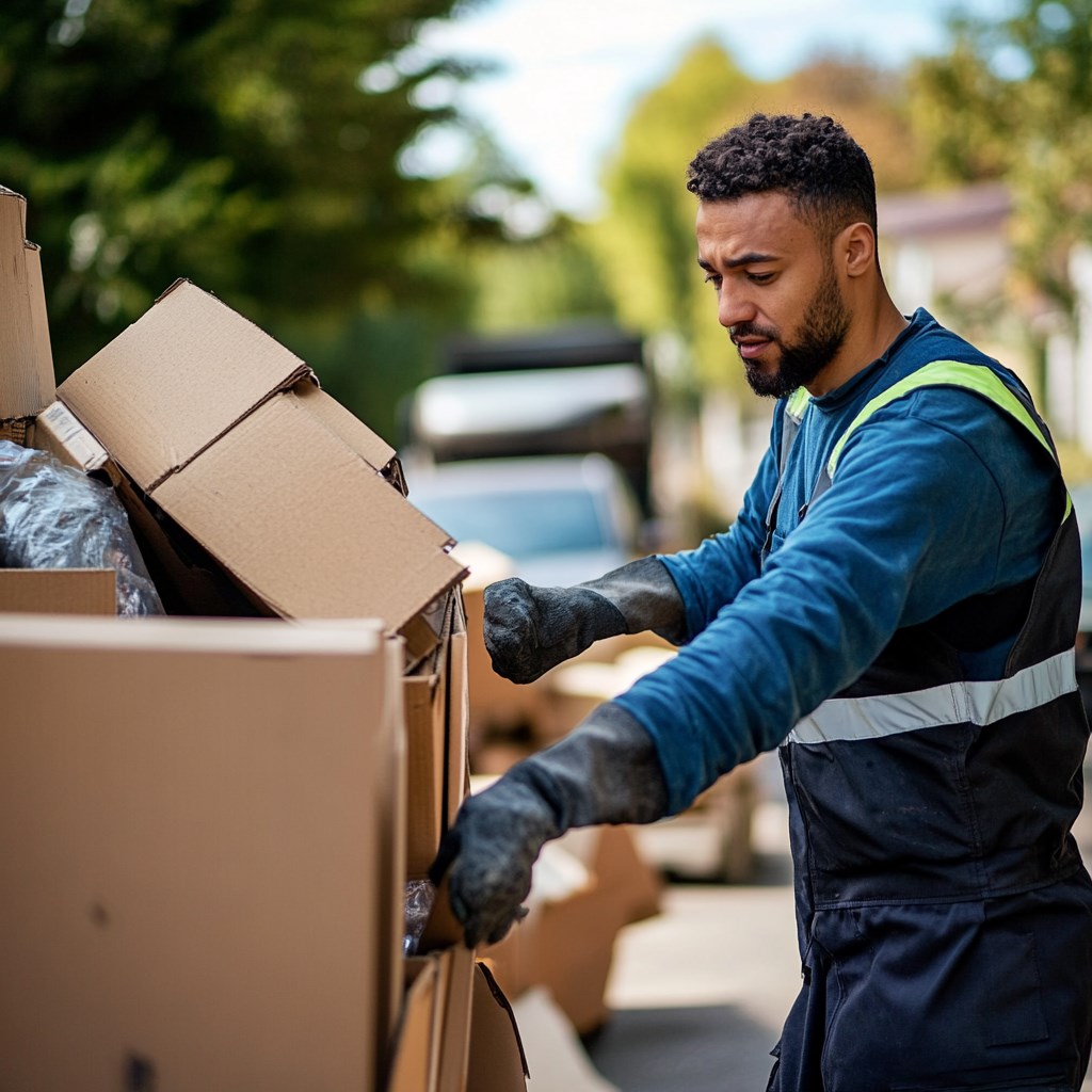 Worker sorting boxes on suburban street