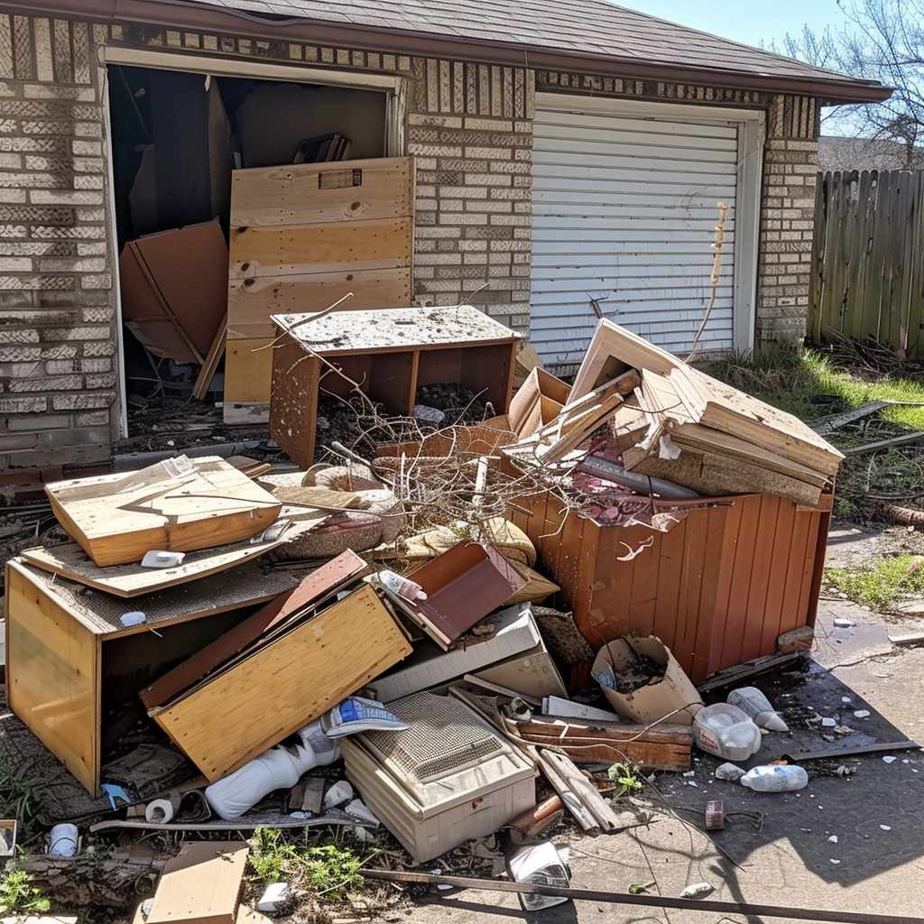 Damaged furniture scattered outside a suburban garage