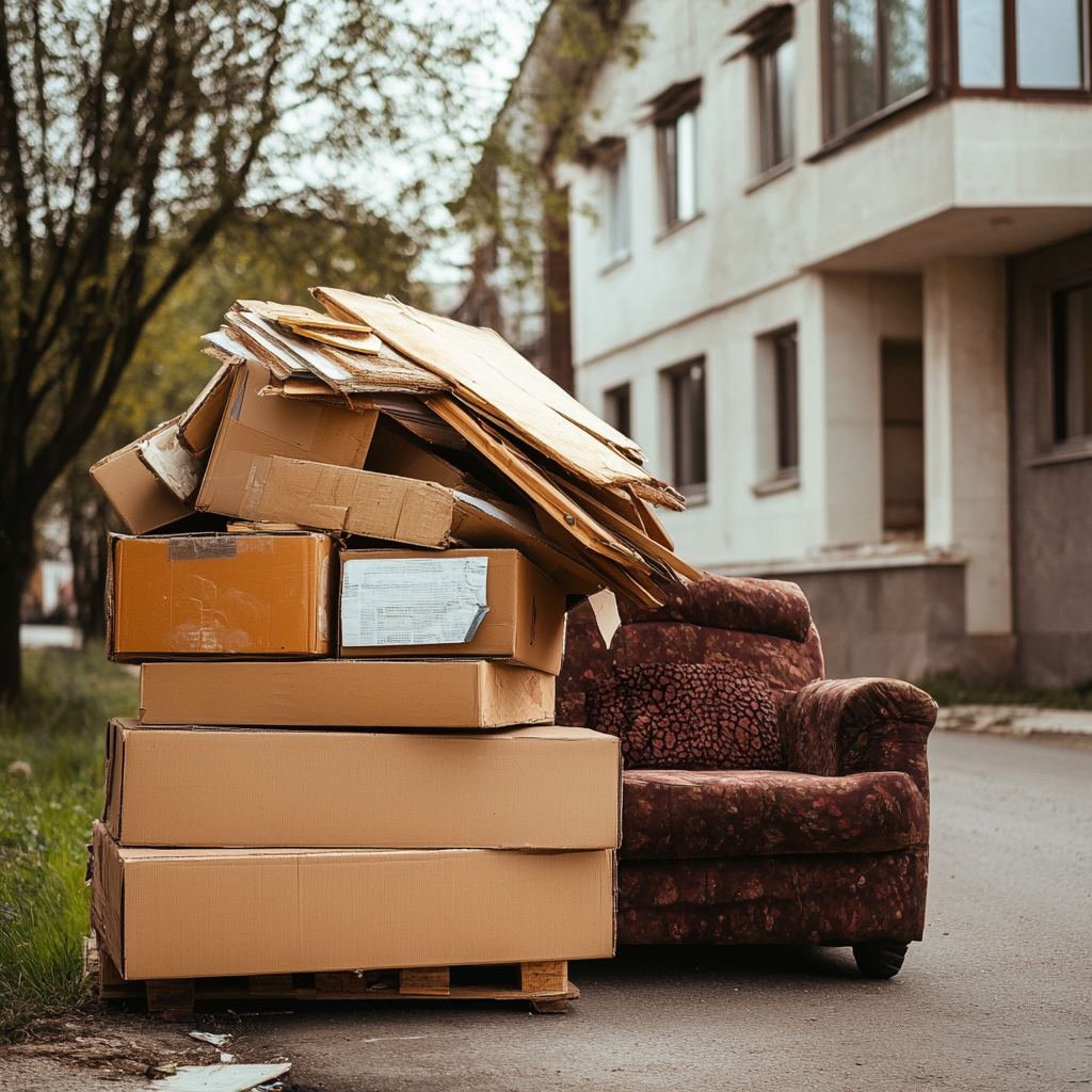 Piled boxes and old armchair by residential street