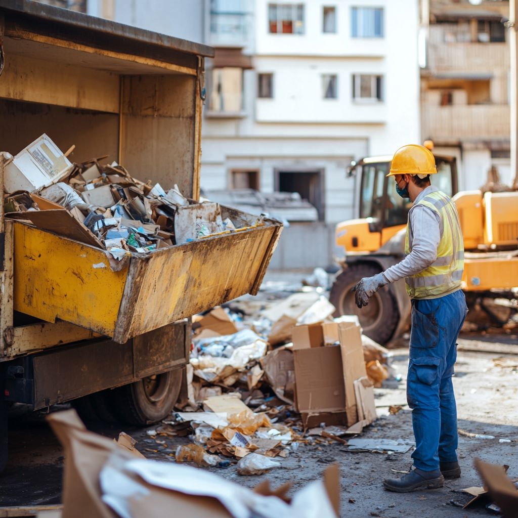 Worker unloading garbage from truck in urban setting