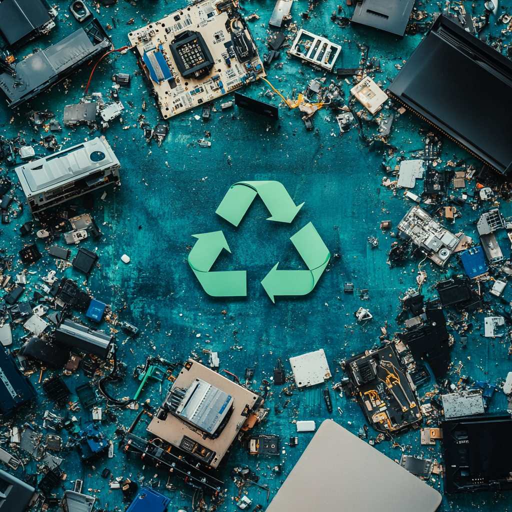 Recycling symbol surrounded by electronic waste