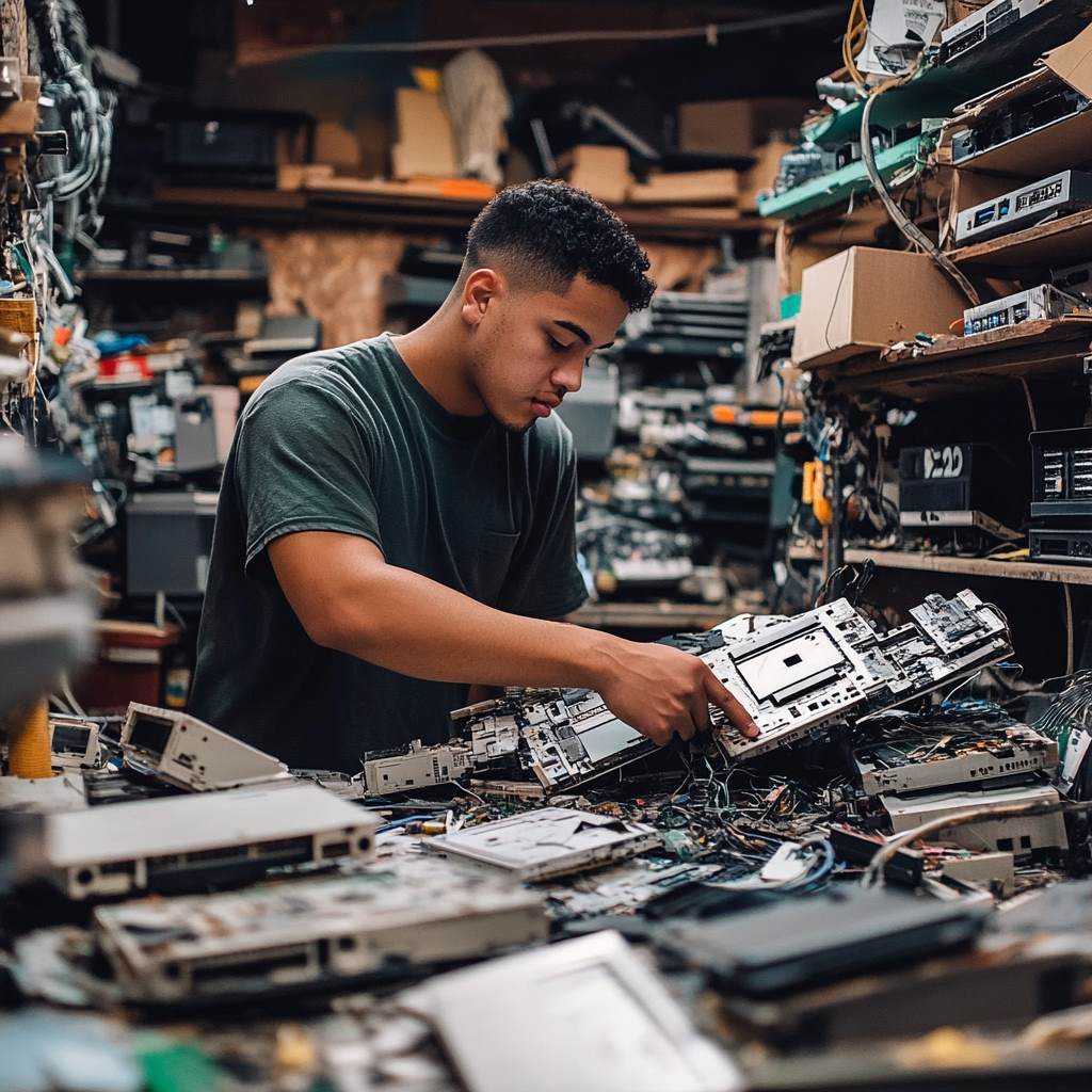 Young man sorting through electronic waste in workshop