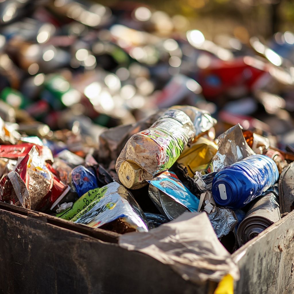 Compressed cans and packaging waste in recycling bin