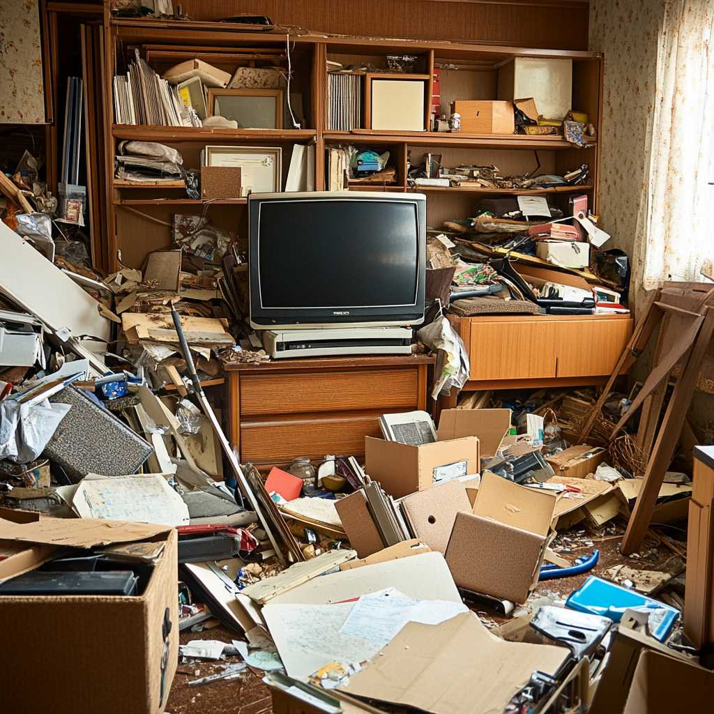 Cluttered room with old TV and overflowing shelves