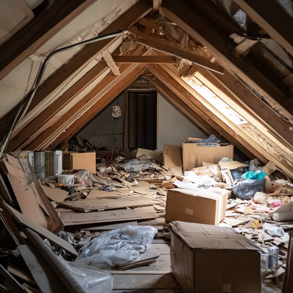 Cluttered attic with debris and exposed beams