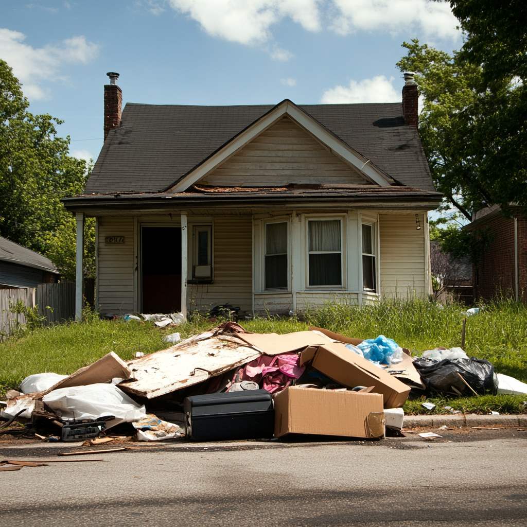 Abandoned house with piled garbage in front yard.