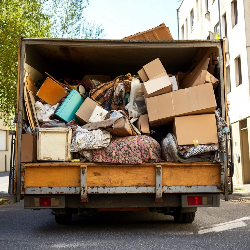 Overloaded truck filled with household items on street