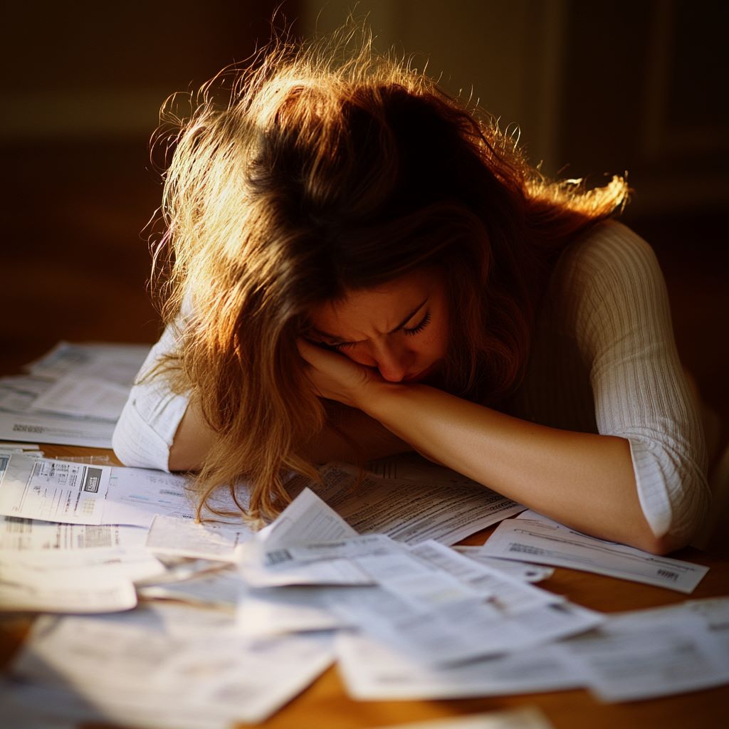 Woman stressed over bills at sunset-lit table