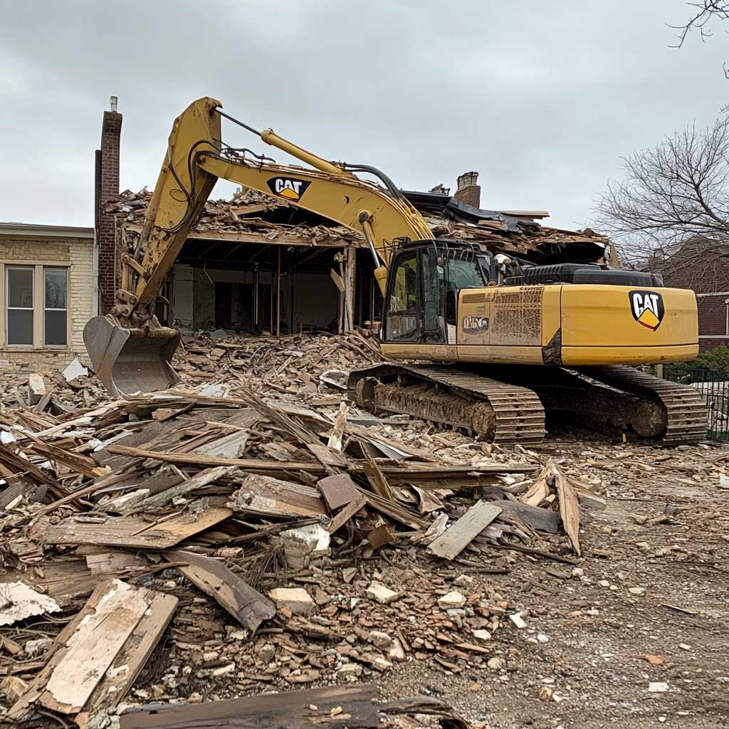 Excavator demolishing a house amid debris