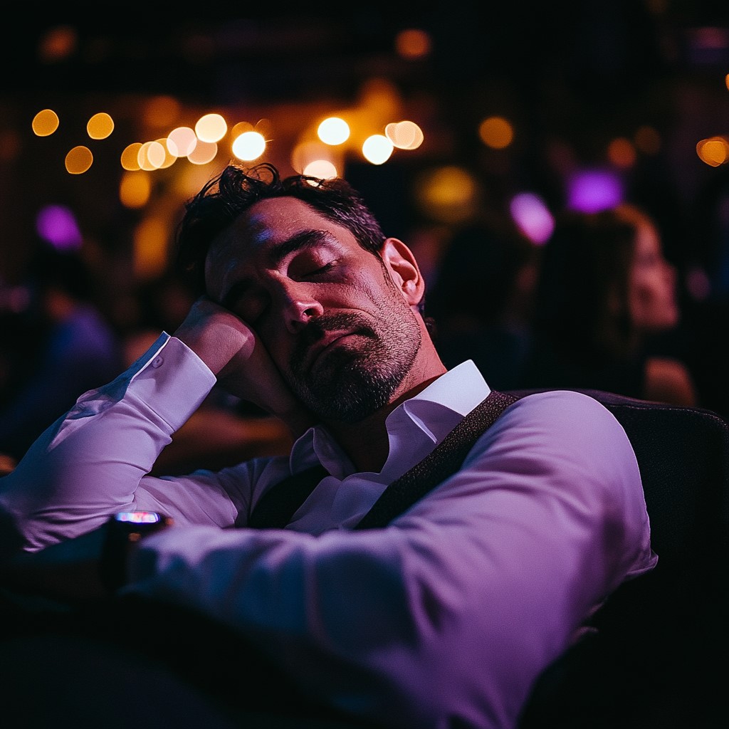 Man in white shirt asleep at event with bokeh lights