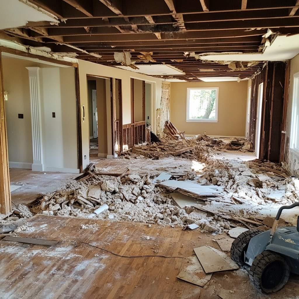 Interior home demolition debris and exposed beams