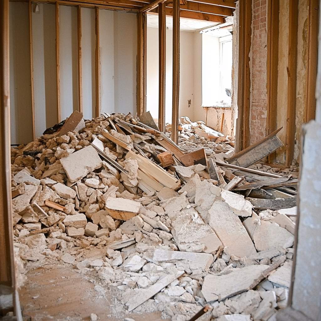 Interior demolition debris in a building