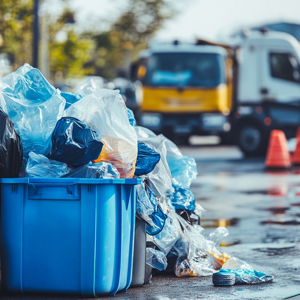 Overflowing trash bins on city street with passing truck