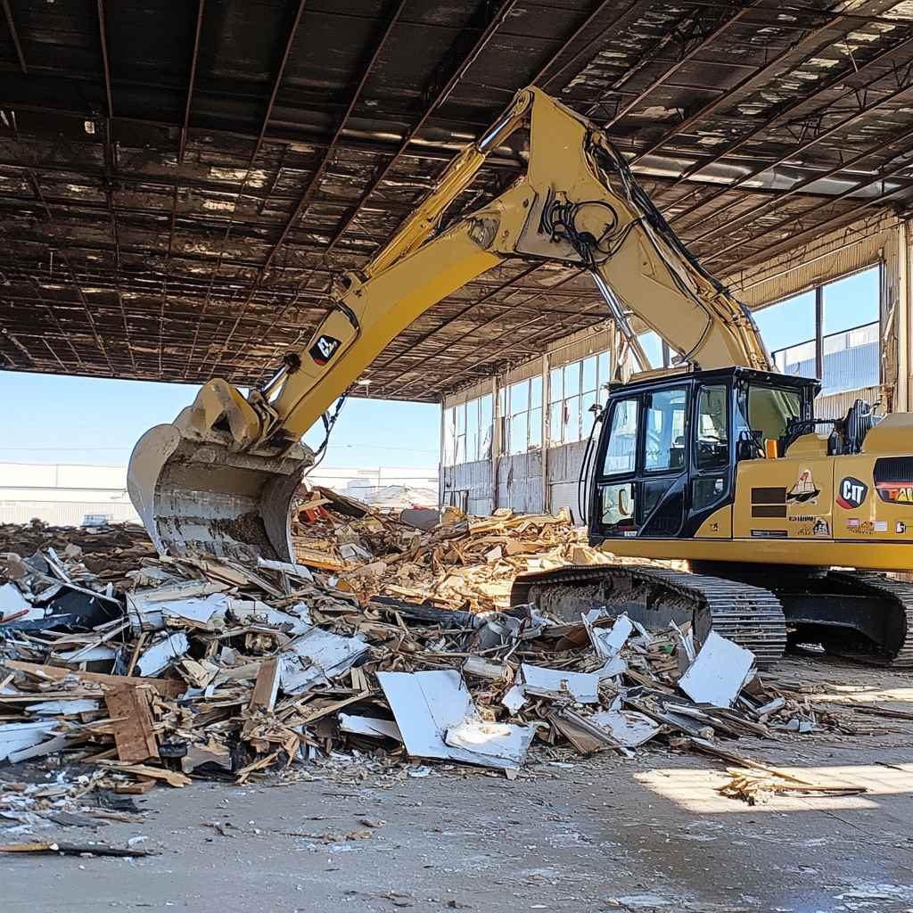 Yellow excavator demolishing old industrial building interior