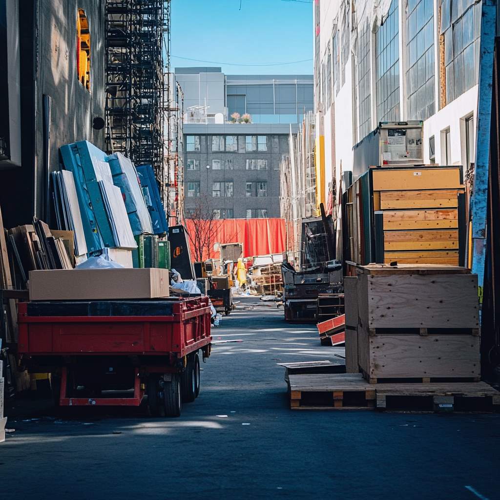 Backstage area with scattered theatrical props and equipment