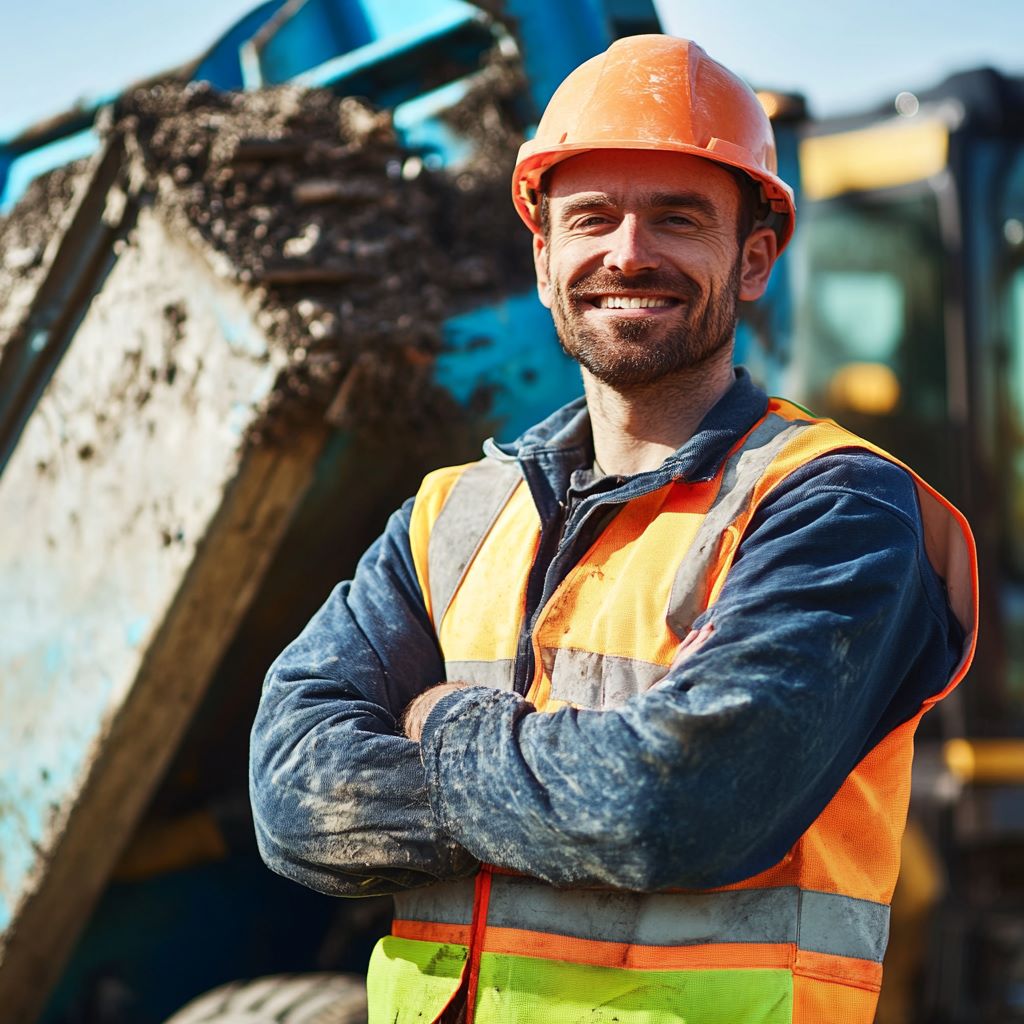 Smiling construction worker with excavator in background