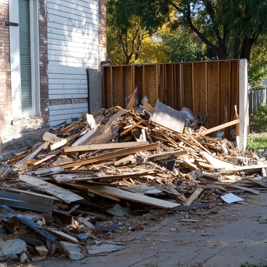 Large pile of debris beside suburban house