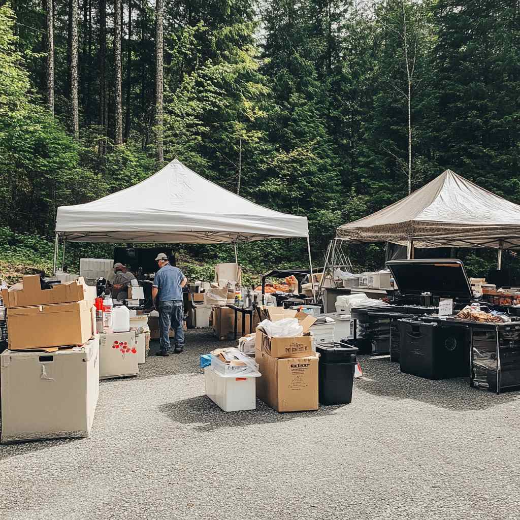 Outdoor market setup with tents and boxes in forest