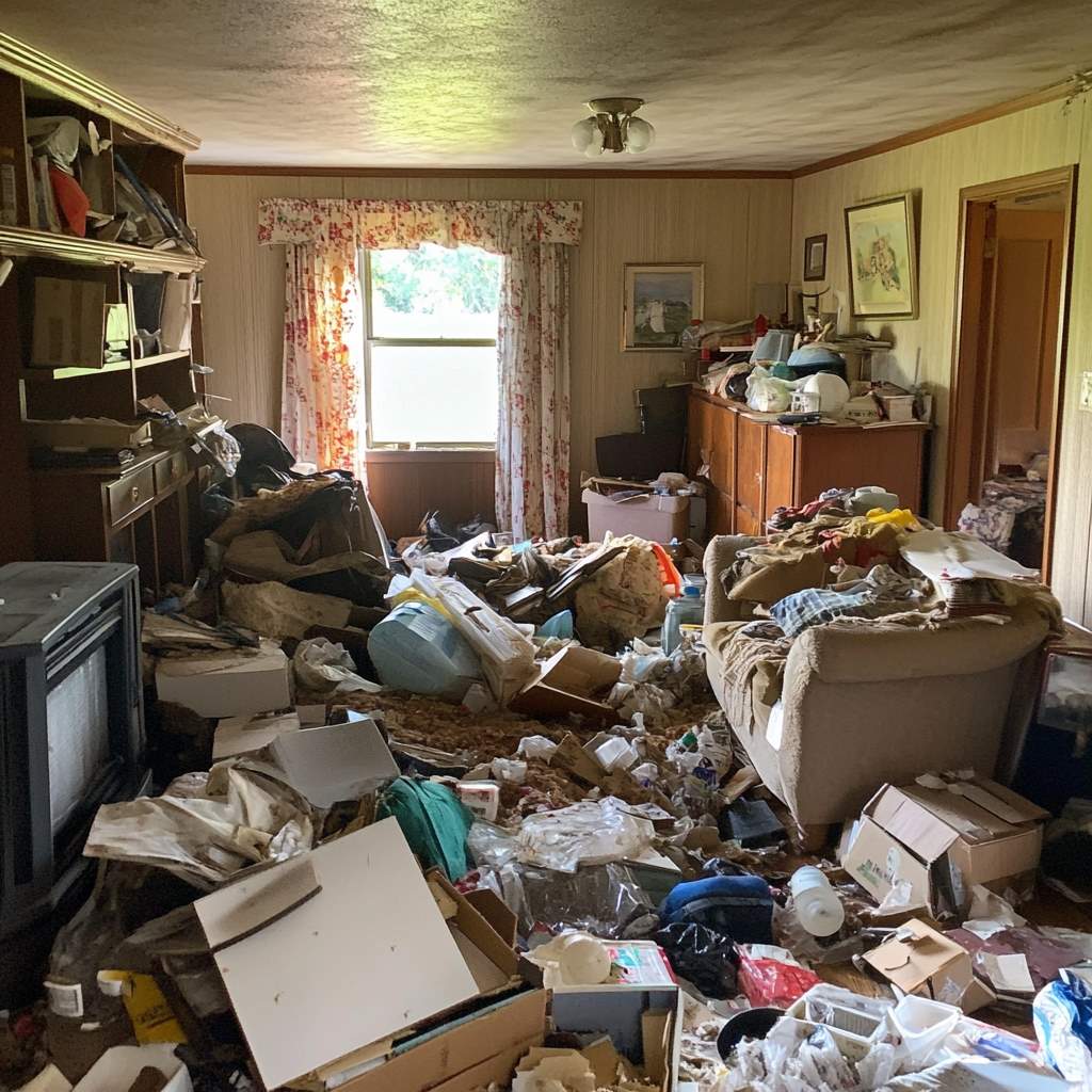 Cluttered room filled with scattered belongings and furniture