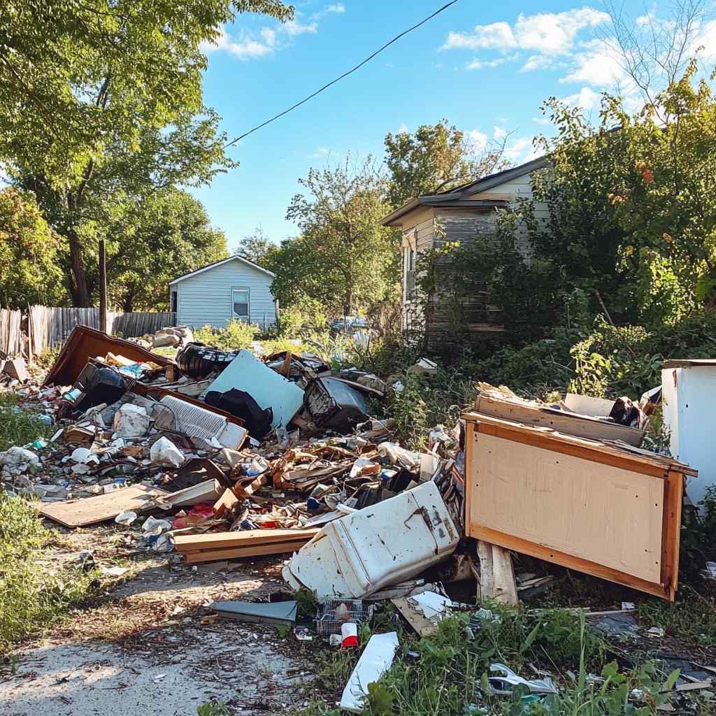 Large pile of debris and trash in residential area