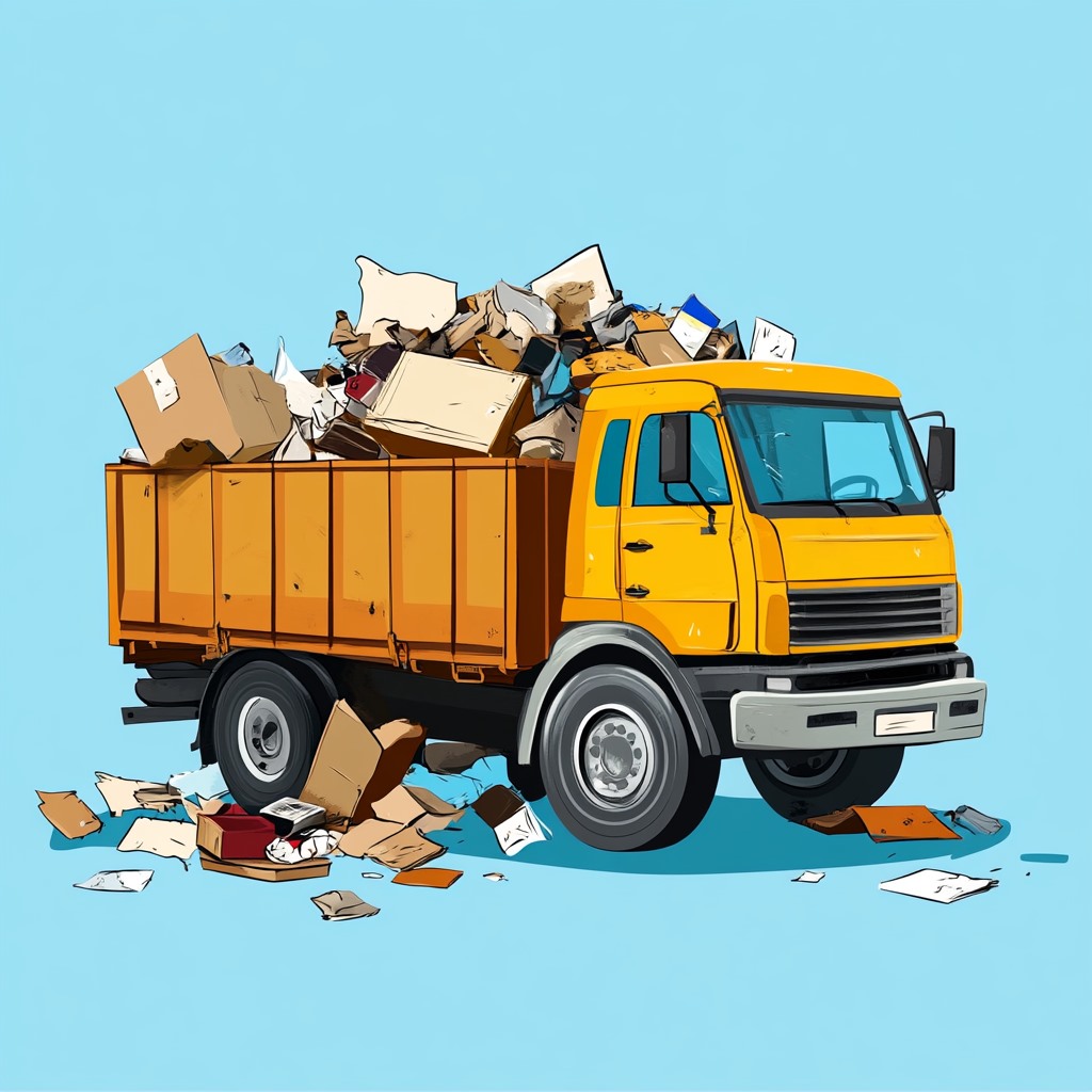 Yellow dump truck overflowing with cardboard and trash