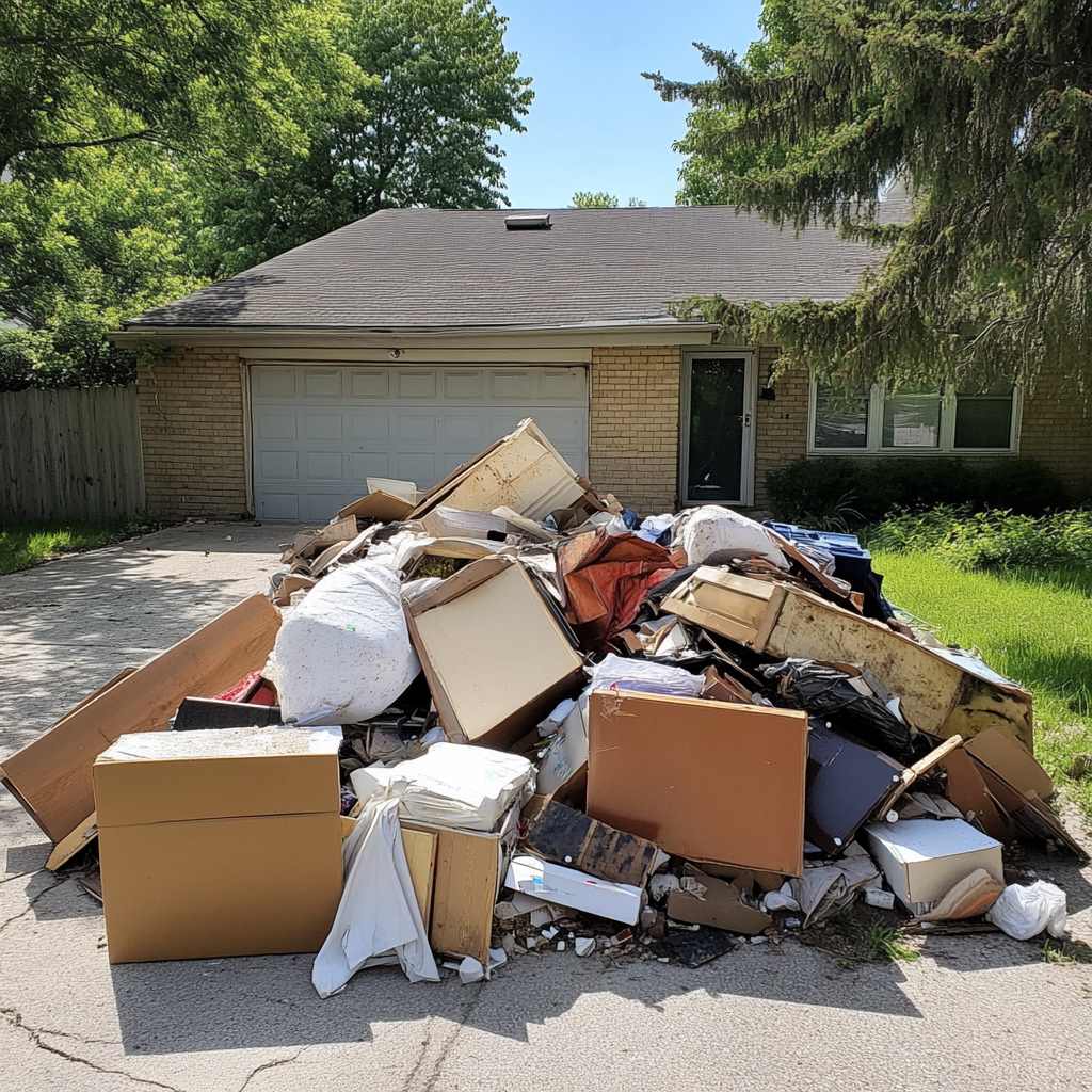 Large pile of household waste on suburban driveway