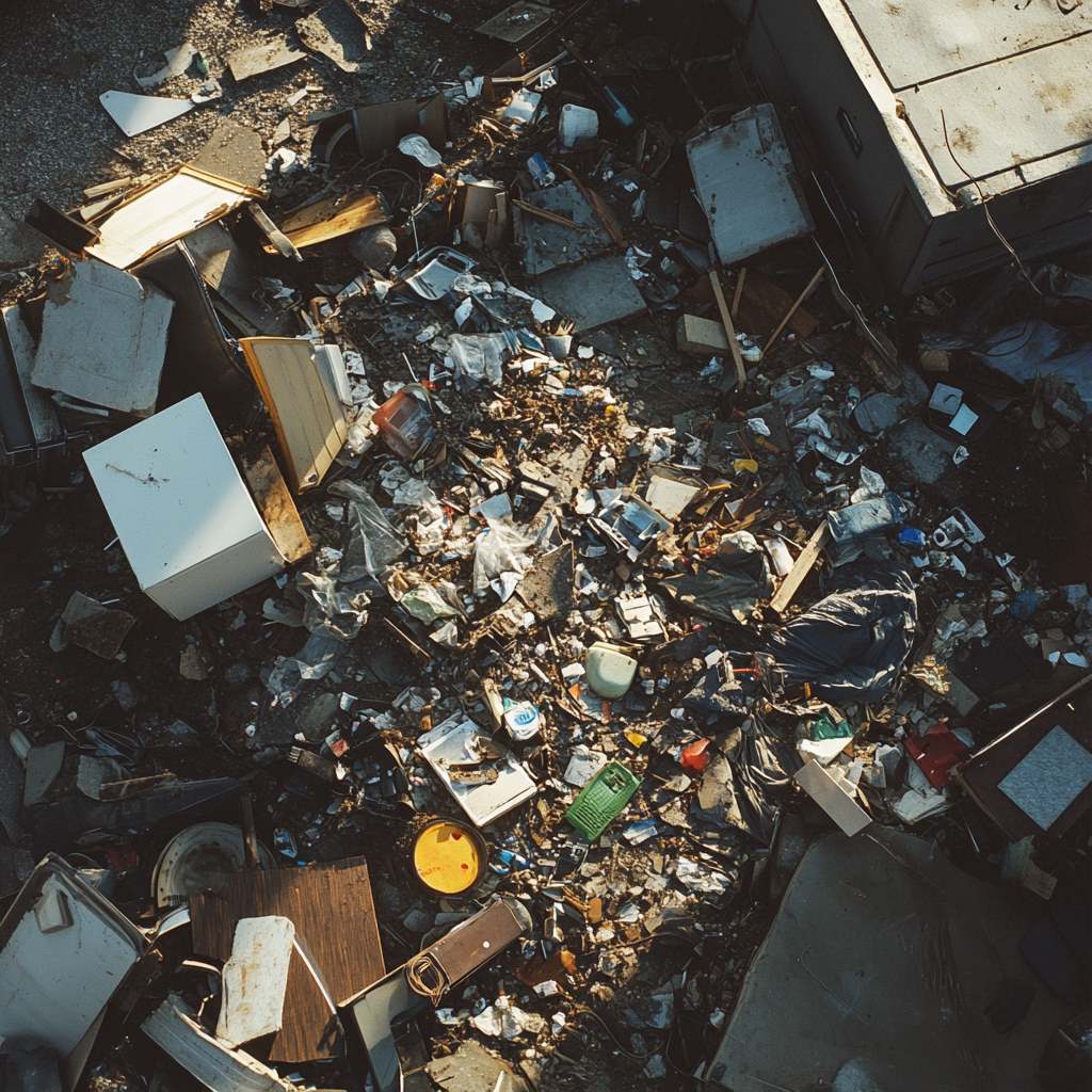 Aerial view of scattered urban waste and debris