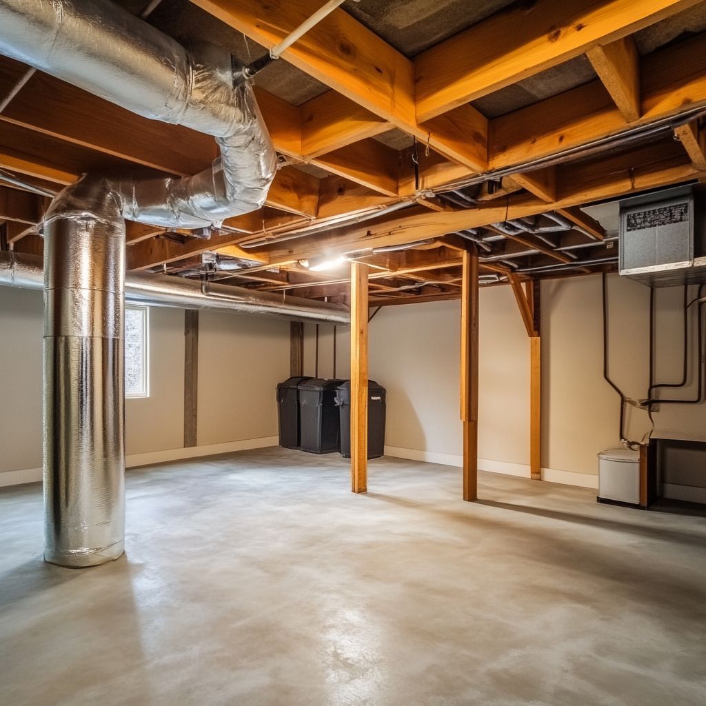 Unfinished basement with exposed beams and ductwork