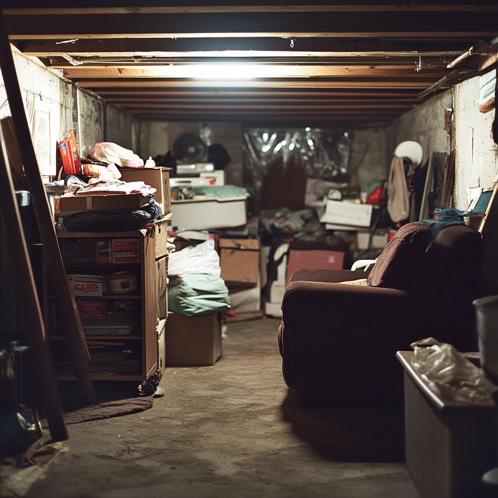 Dimly lit cluttered basement with assorted storage items