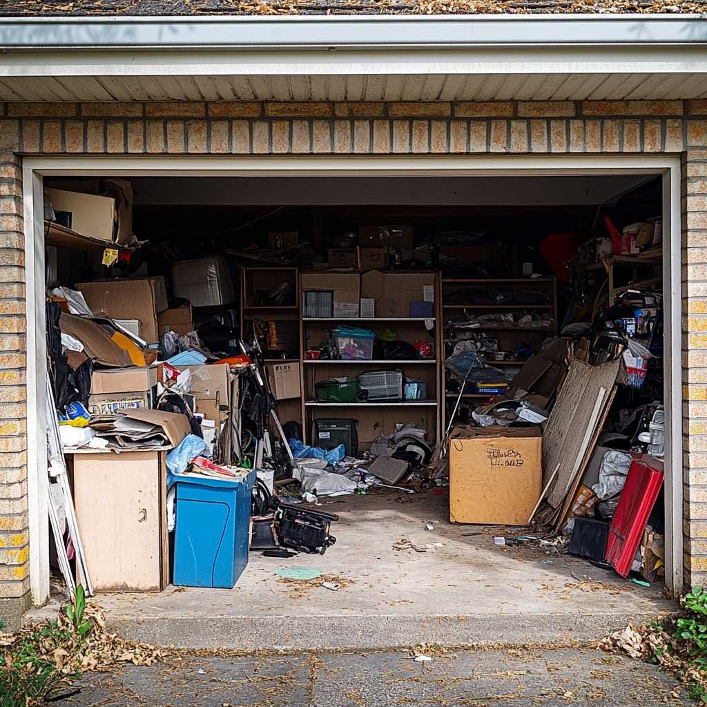 Overstuffed garage filled with miscellaneous clutter