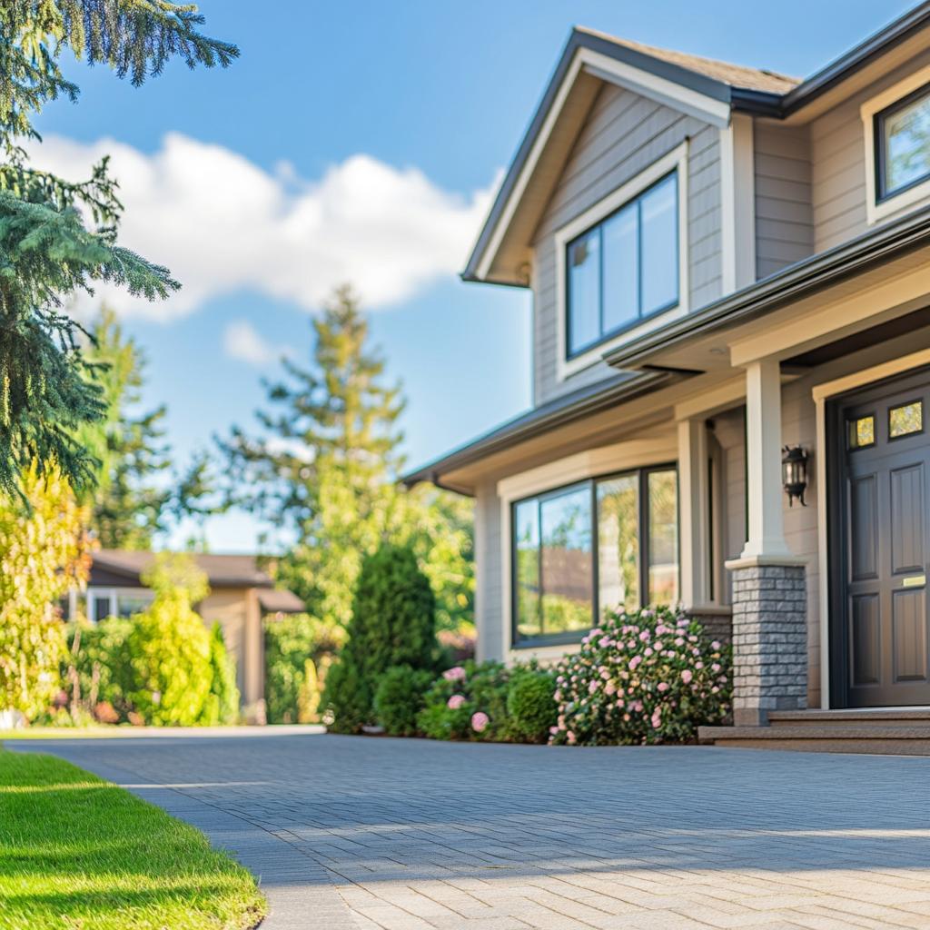 Modern suburban house with landscaped garden and driveway