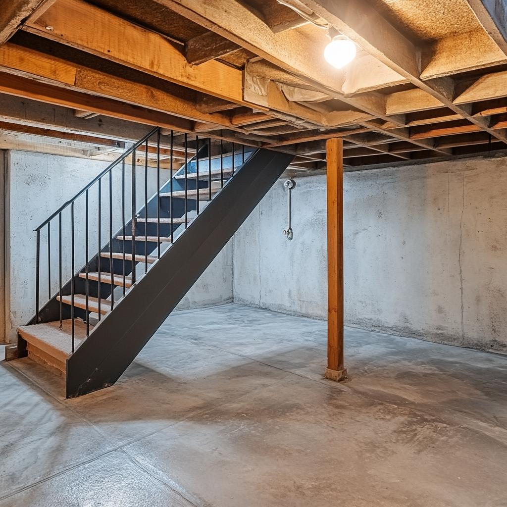 Unfinished basement with wooden stairs and concrete floor