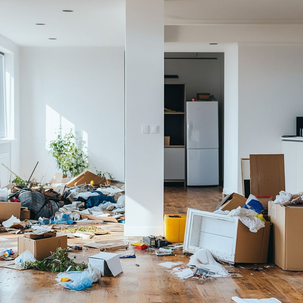 Messy living room with scattered boxes and debris