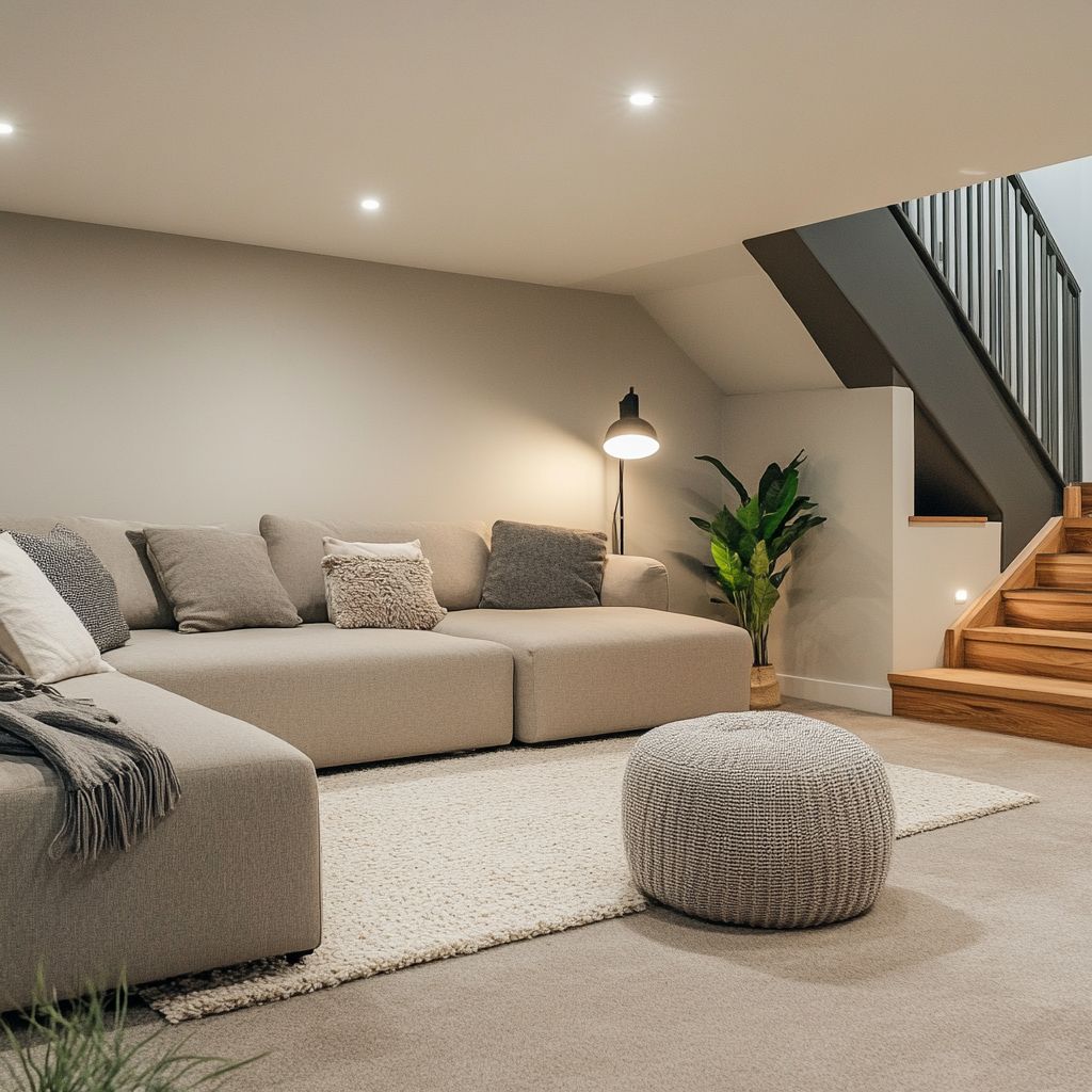 Modern living room with staircase and cozy sofa