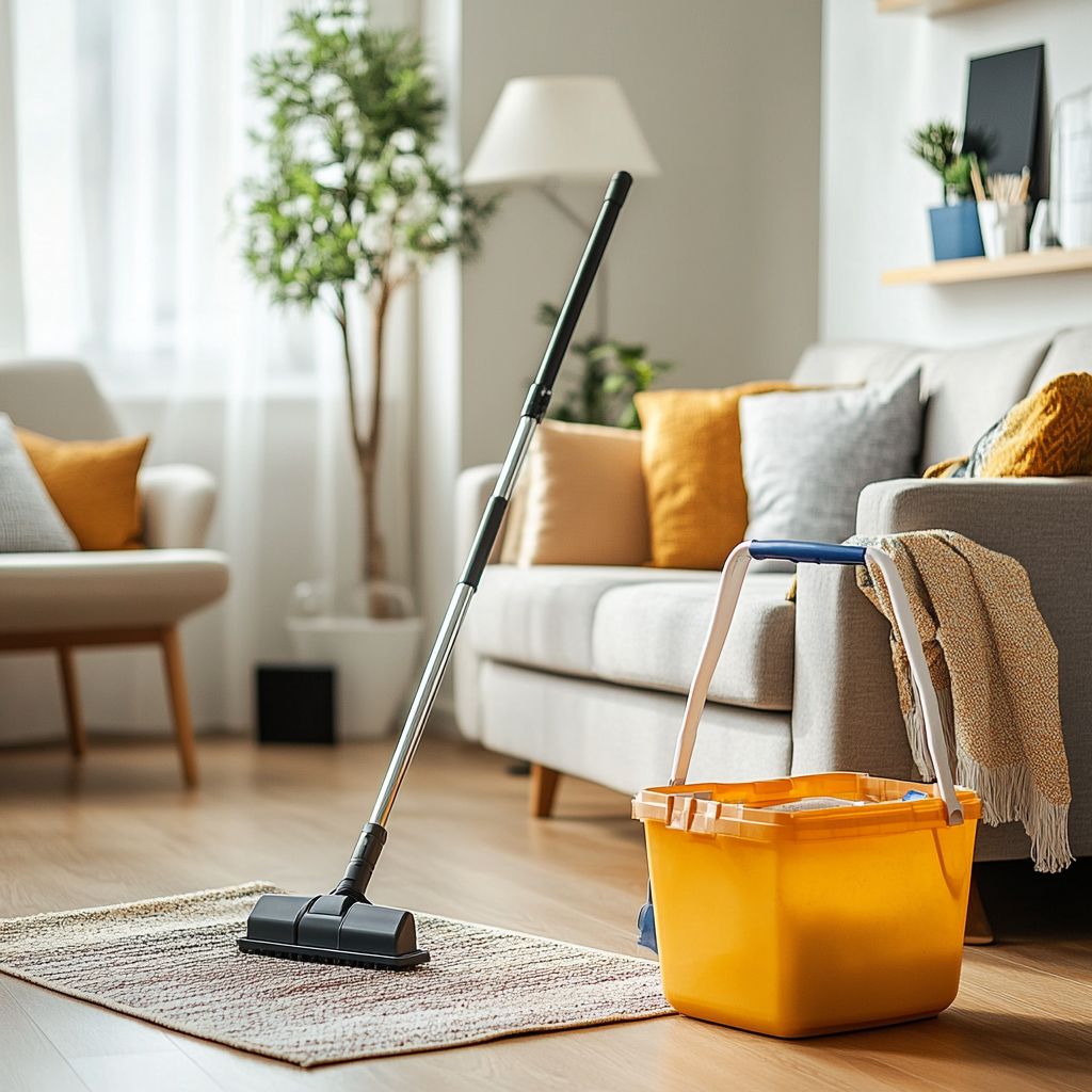 Vacuum cleaner and yellow bucket in sunny living room